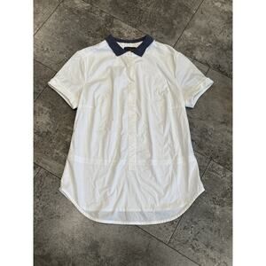 Peserico Tricot Poplin Short Sleeve White Shirt Blue Collar 42 US Medium Ribbed